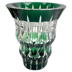 Val Saint Lambert Label Green Crystal Vase Cut to Clear Belgium 1950s