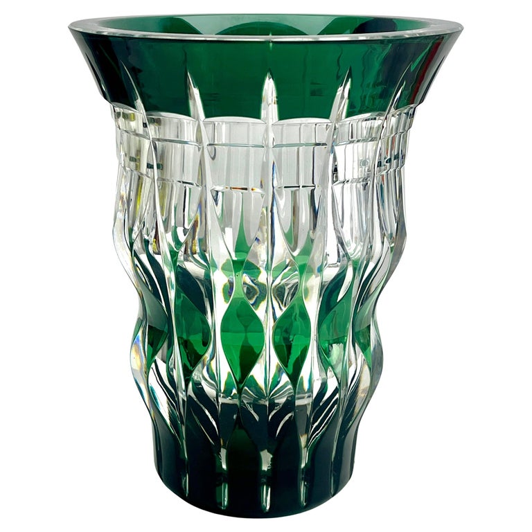 Val Saint Lambert Label Green Crystal Vase Cut to Clear Belgium 1950s