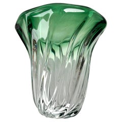 Val Saint Lambert, Label Sculpted Crystal Vase with Green Core, Belgium