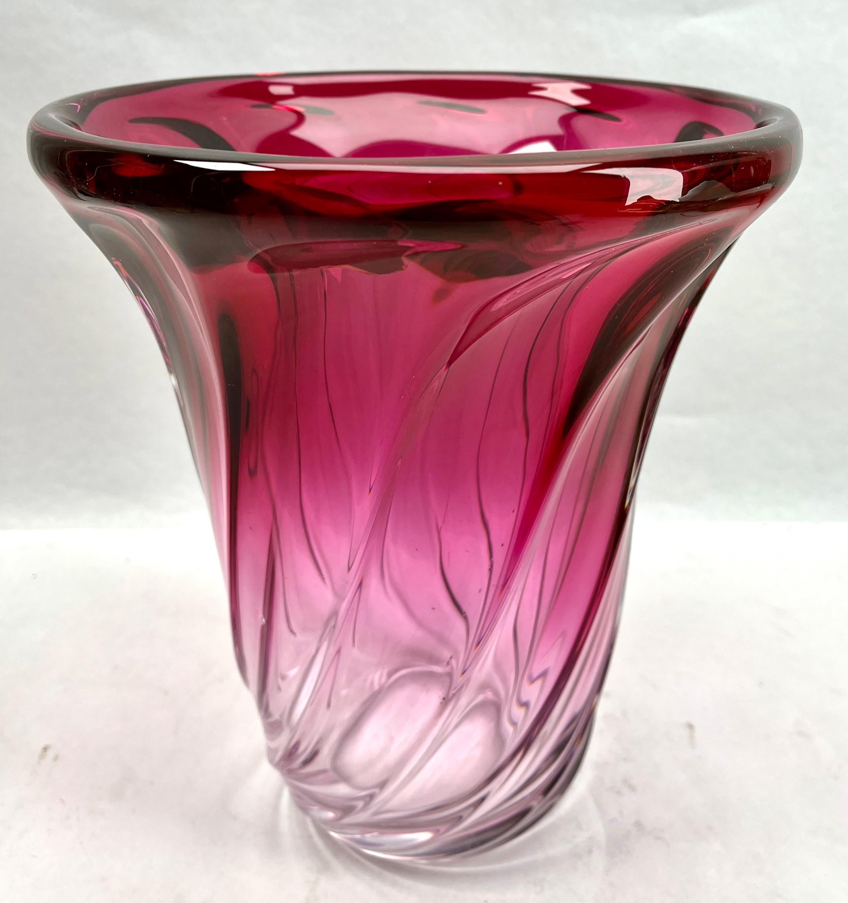 Mid-Century Modern Val Saint Lambert, Label Sculpted Crystal Vase with Amethyst Core, Belgium For Sale