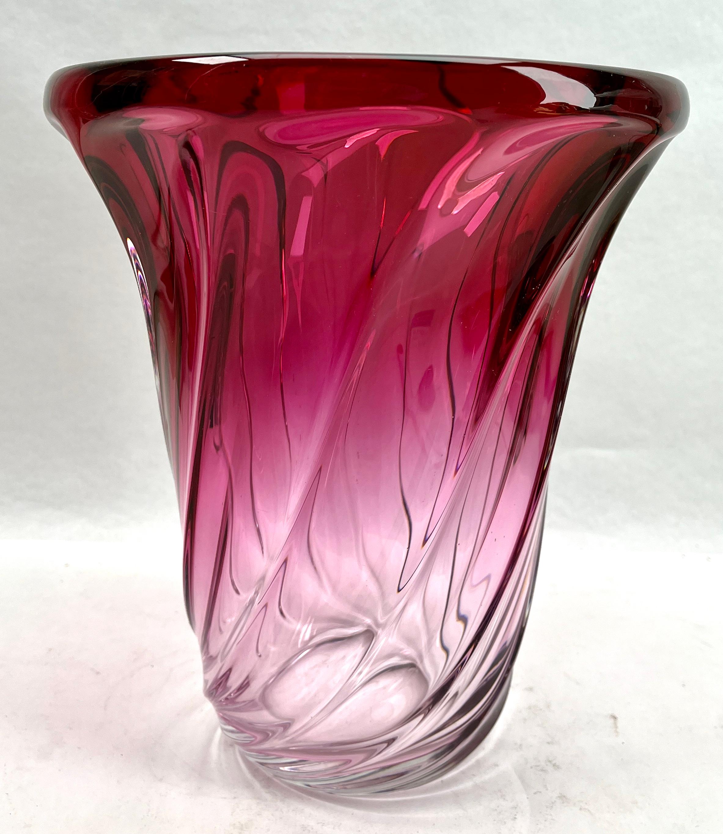 Belgian Val Saint Lambert, Label Sculpted Crystal Vase with Amethyst Core, Belgium For Sale
