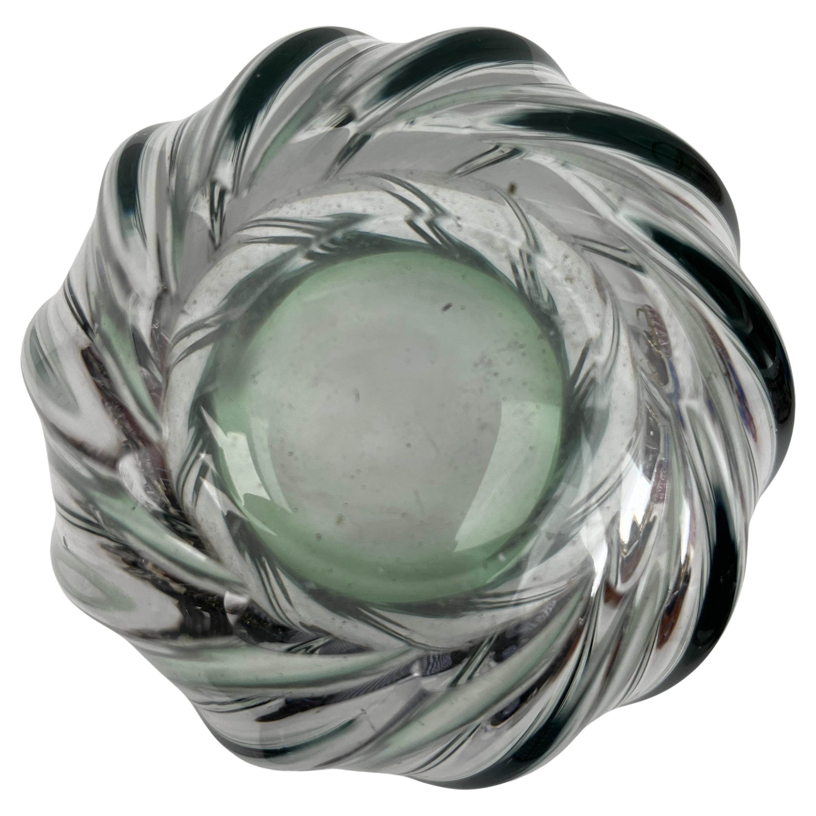 Belgian Val Saint Lambert, Label Sculpted Crystal Vase with Green Core, Belgium For Sale