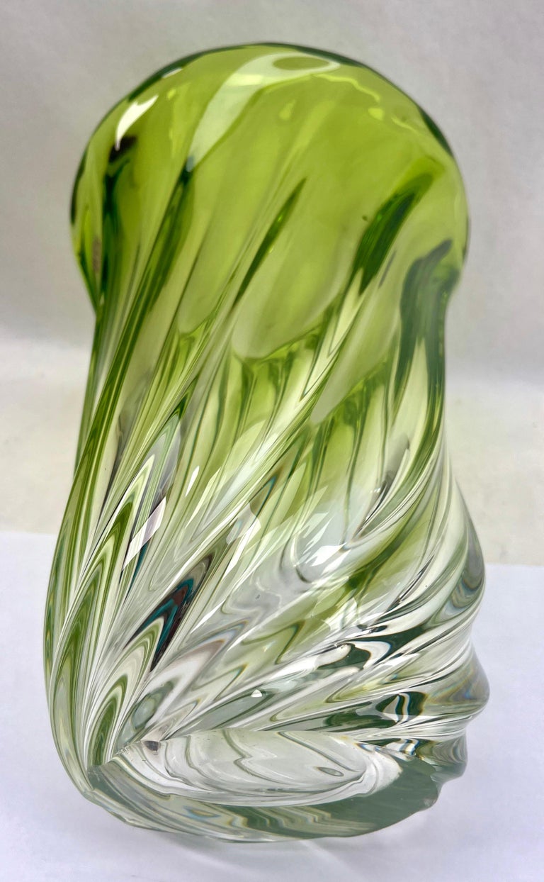 Val Saint Lambert, LABEL Sculpted Crystal Vase with Green Core