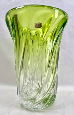 Val Saint Lambert, LABEL Sculpted Crystal Vase with Green Core, Belgium