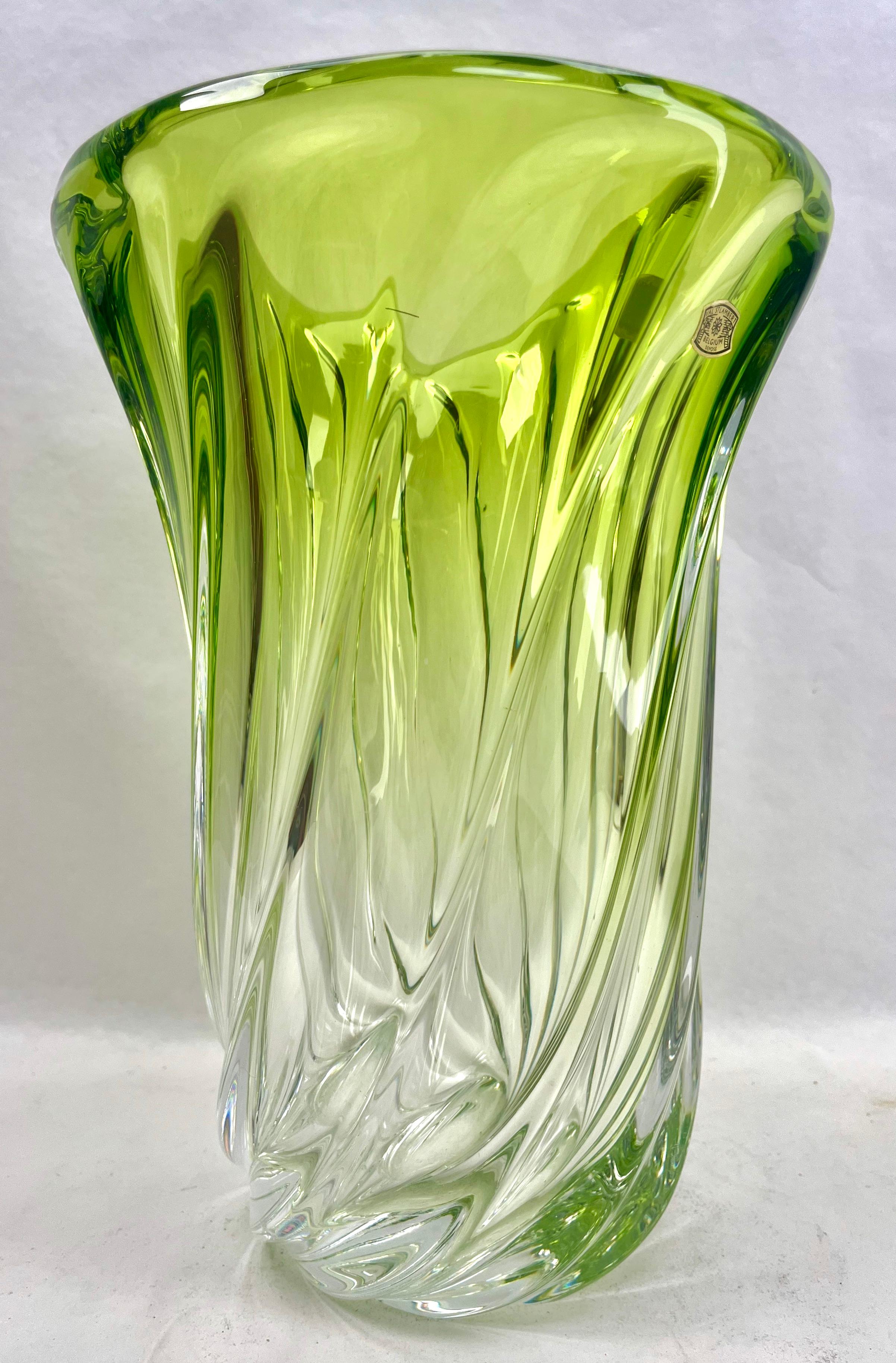 Mid-Century Modern Val Saint Lambert, LABEL Sculpted Crystal Vase with Green Core, Belgium For Sale