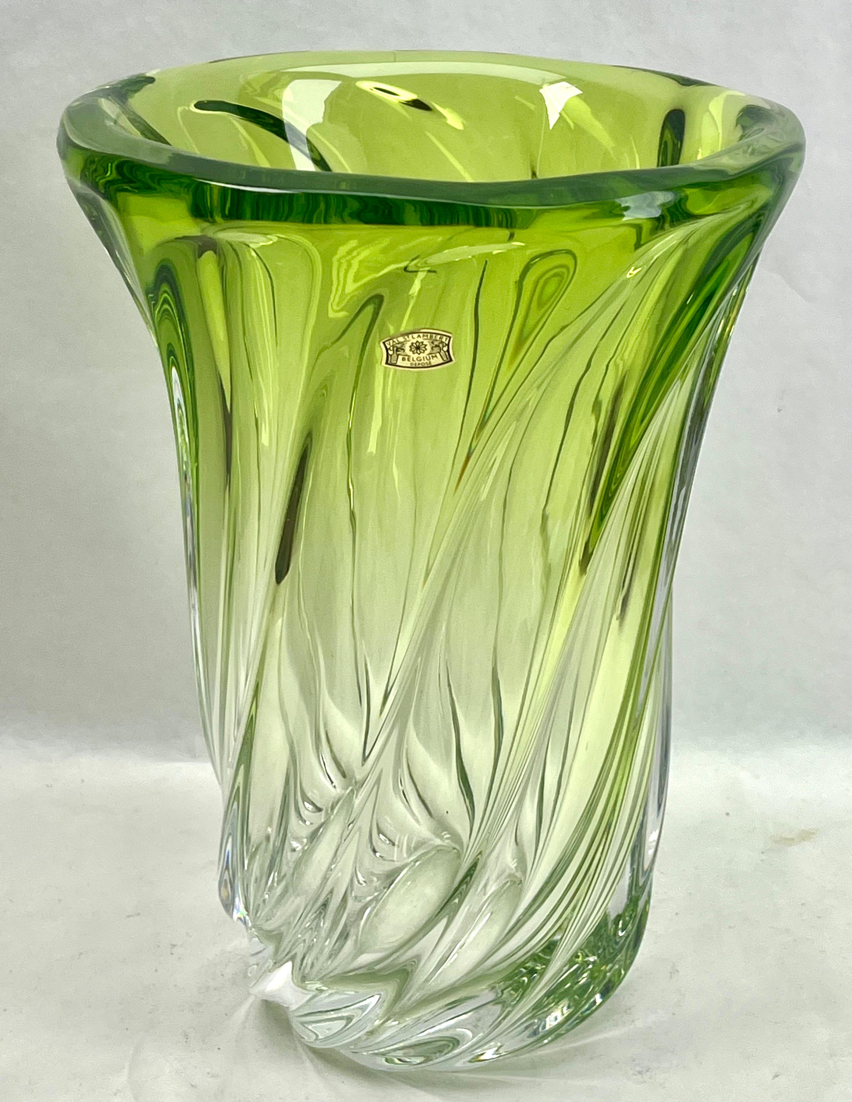 Belgian Val Saint Lambert, LABEL Sculpted Crystal Vase with Green Core, Belgium For Sale
