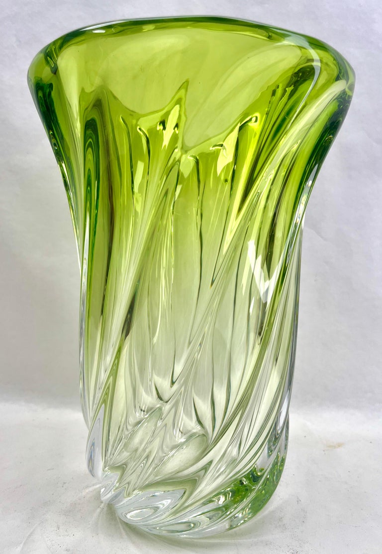 Val Saint Lambert, LABEL Sculpted Crystal Vase with Green Core