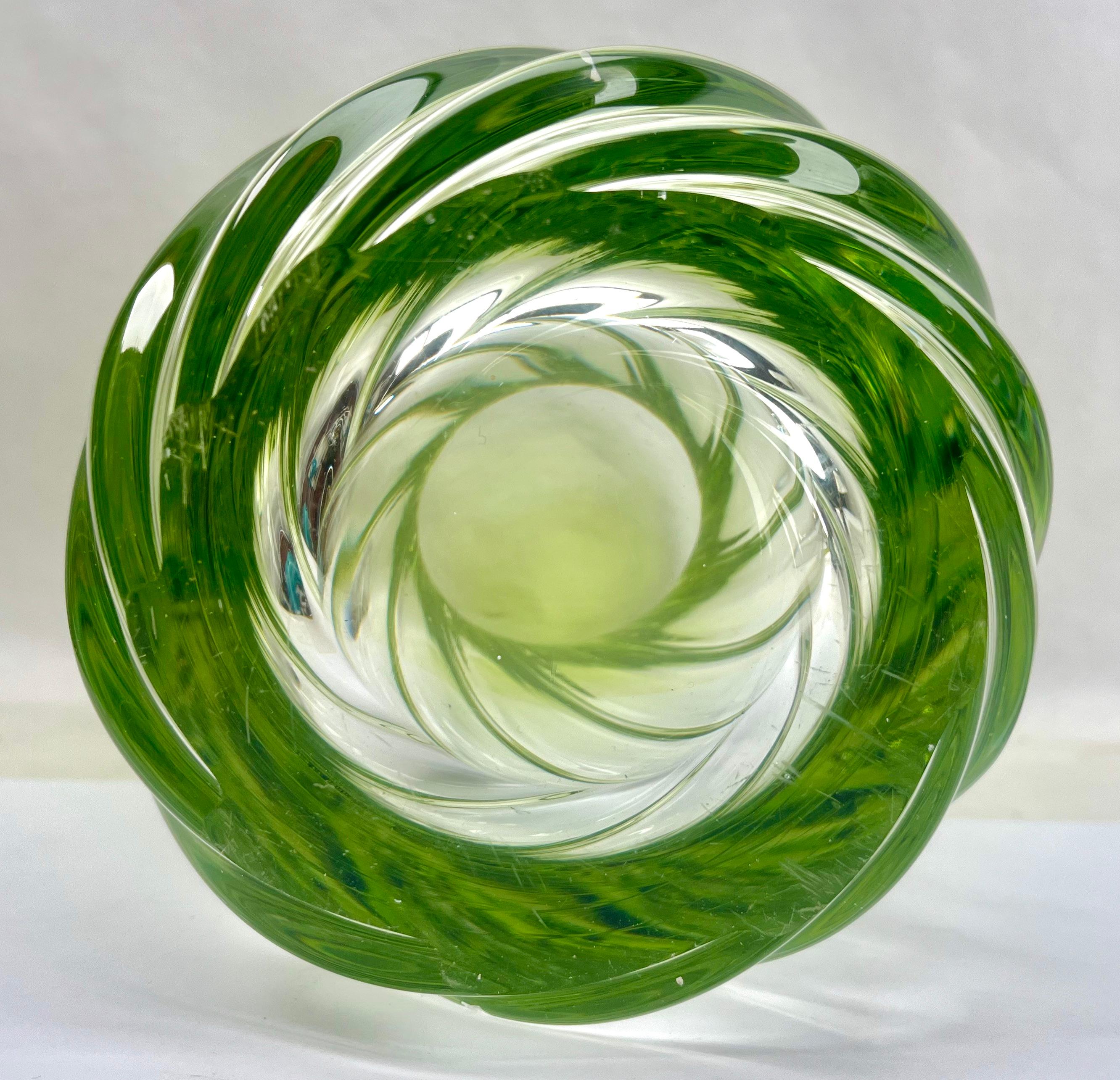 Mid-20th Century Val Saint Lambert, LABEL Sculpted Crystal Vase with Green Core, Belgium For Sale