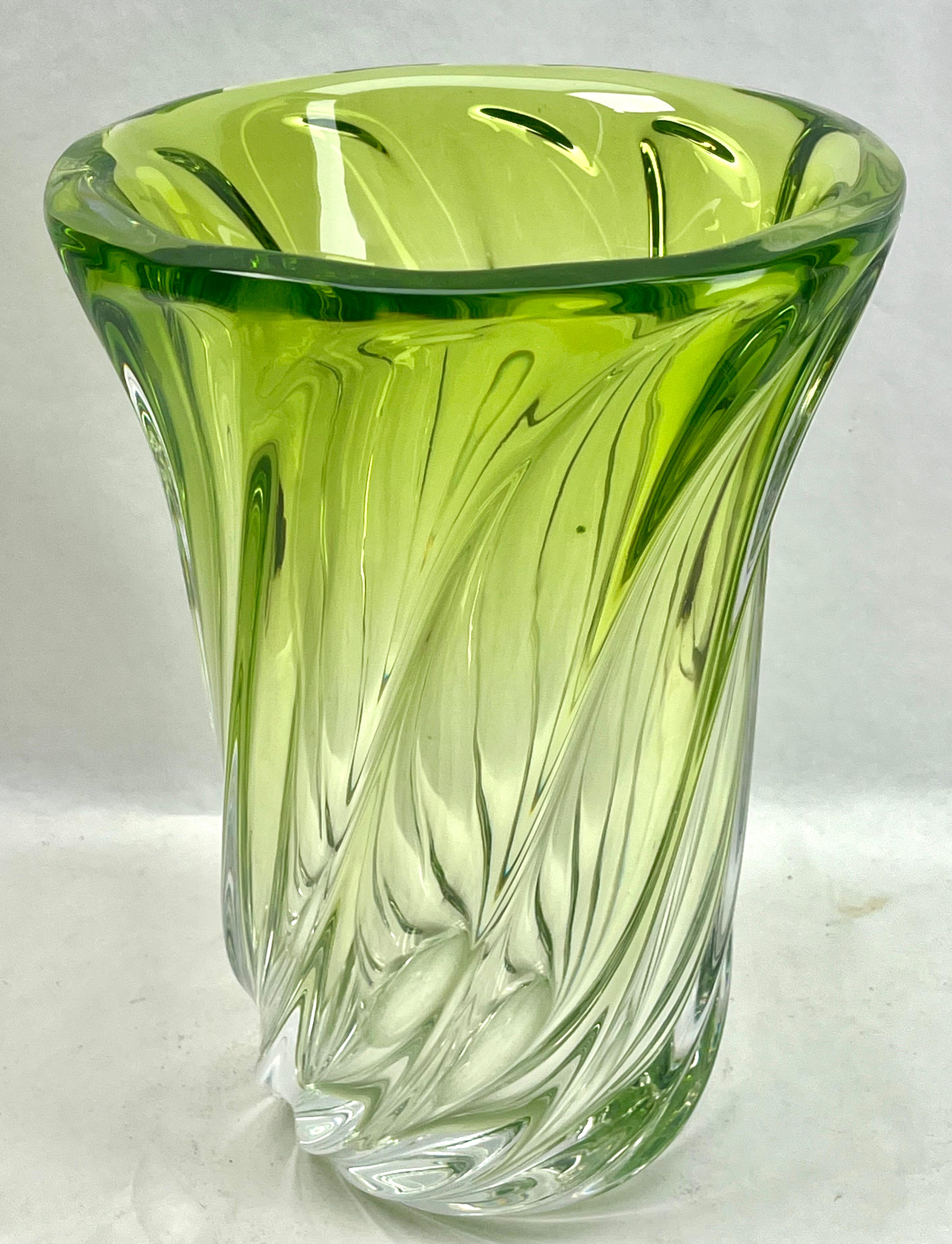 Val Saint Lambert, LABEL Sculpted Crystal Vase with Green Core, Belgium For Sale 1