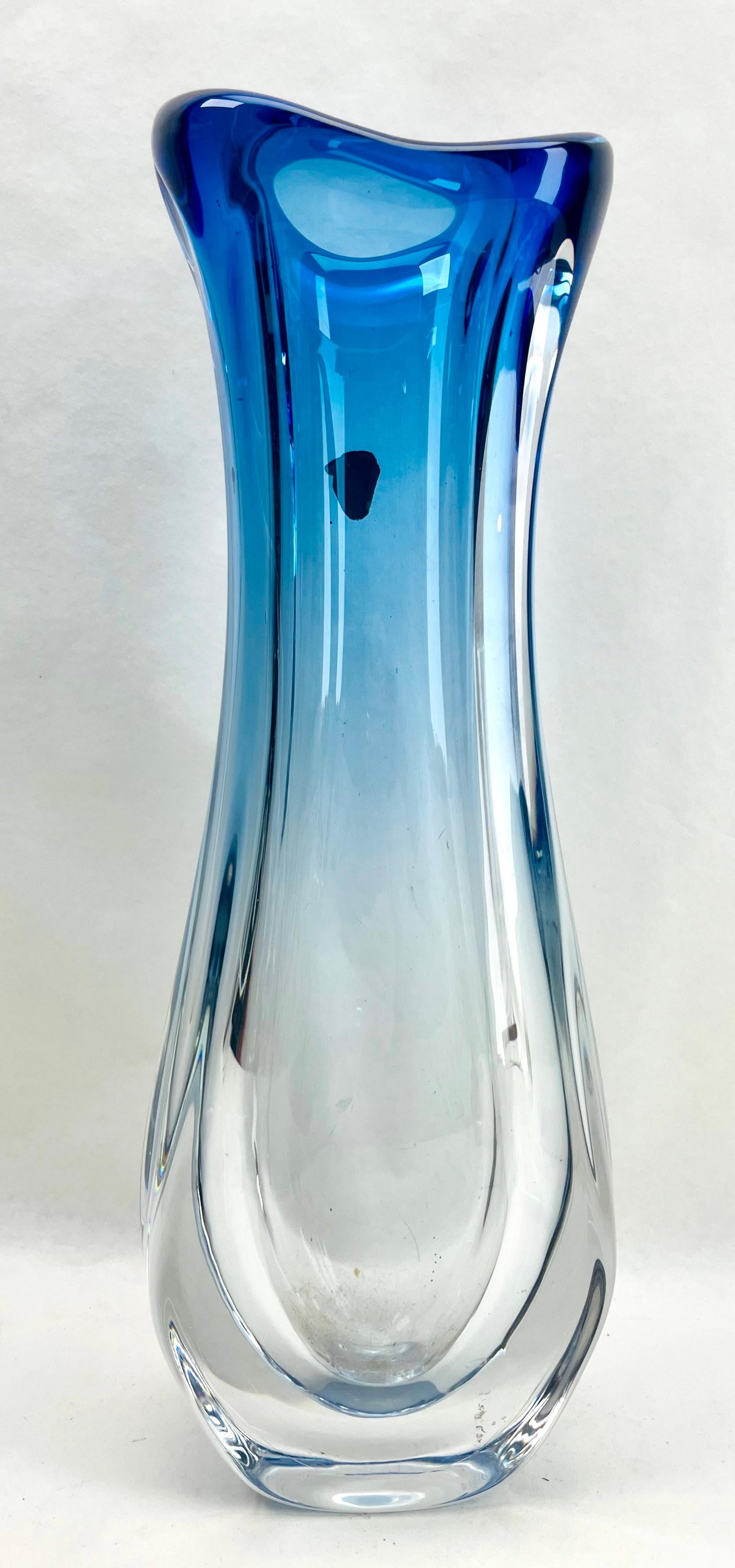 Heavy Val Saint Lambert crystal vase, whit Label 
The central amethyst color (a traditional favorite for VSL) has been given a thick Sommerso (clear layer on the outside) and sculpted with subtle curves by the master craftsmen at Belgium's top