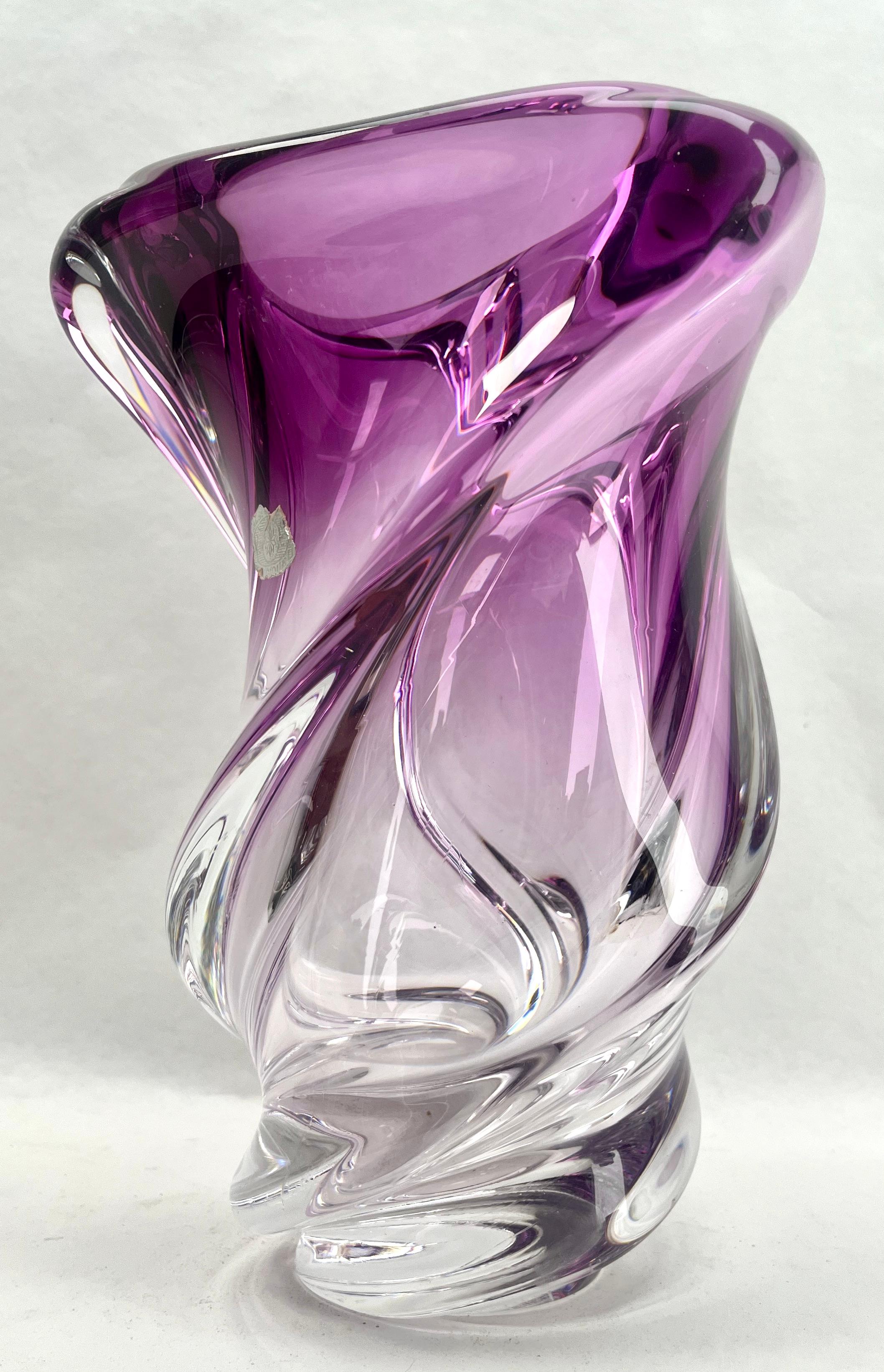 Mid-Century Modern Val Saint Lambert Label Sculpted Crystal Vase with Sommerso Core, Belgium