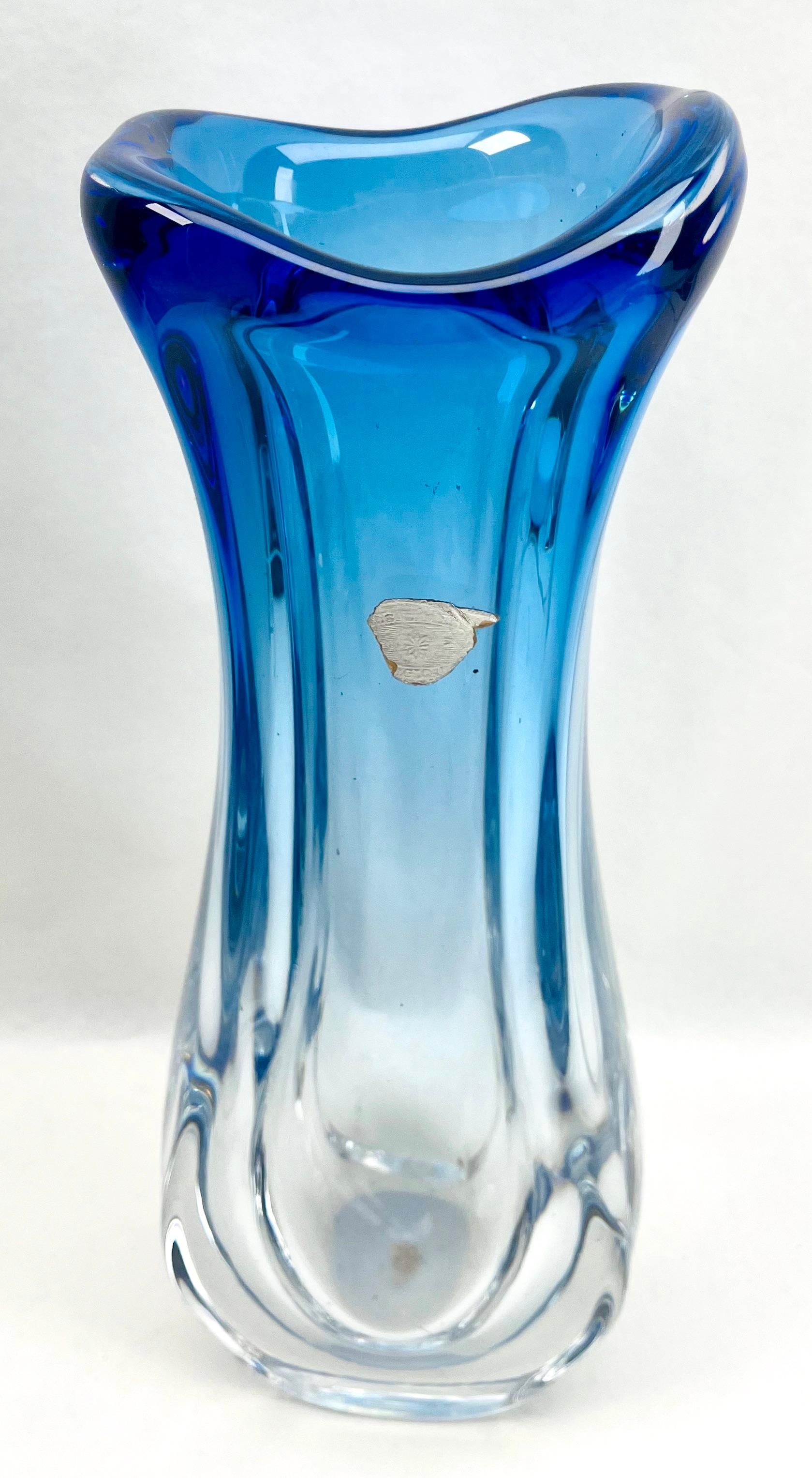 Mid-Century Modern Val Saint Lambert Label Sculpted Crystal Vase with Sommerso Core, Belgium