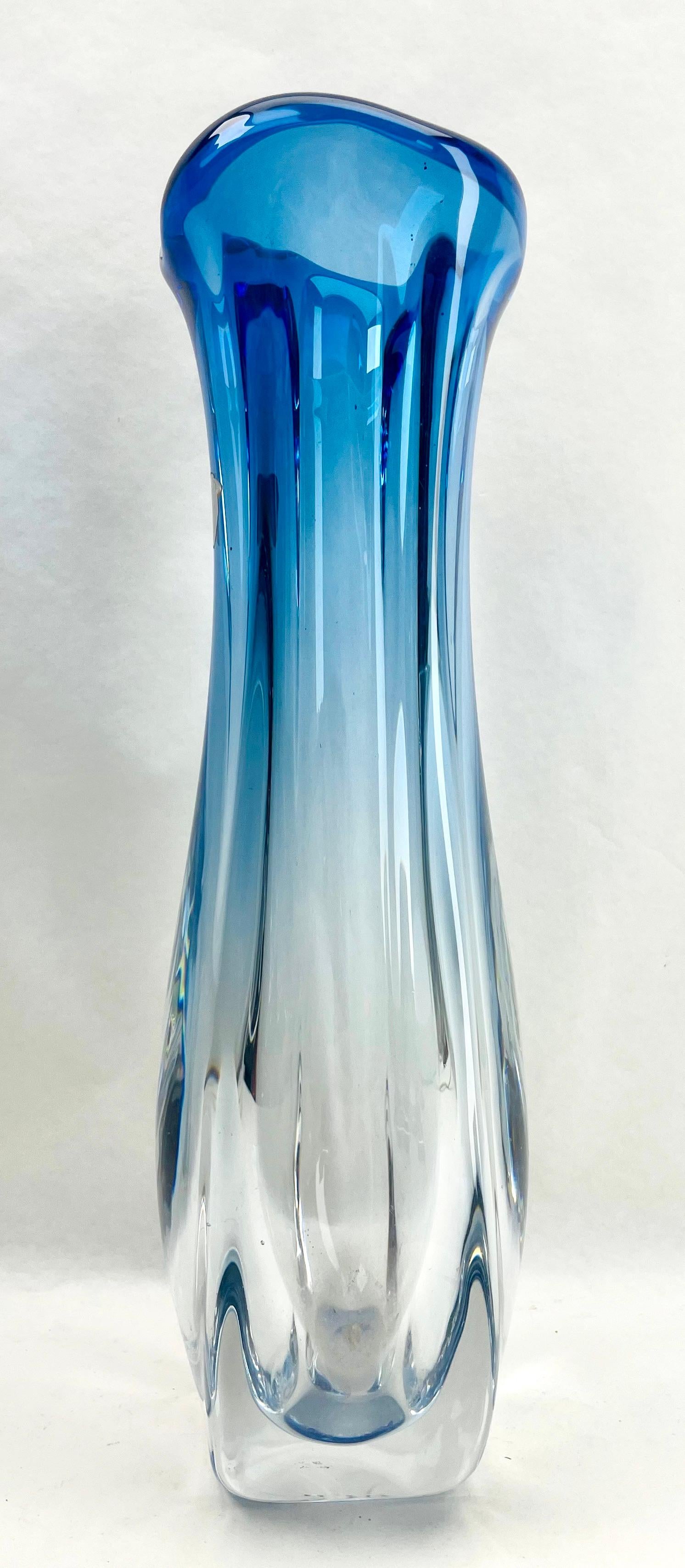 Mid-20th Century Val Saint Lambert Label Sculpted Crystal Vase with Sommerso Core, Belgium