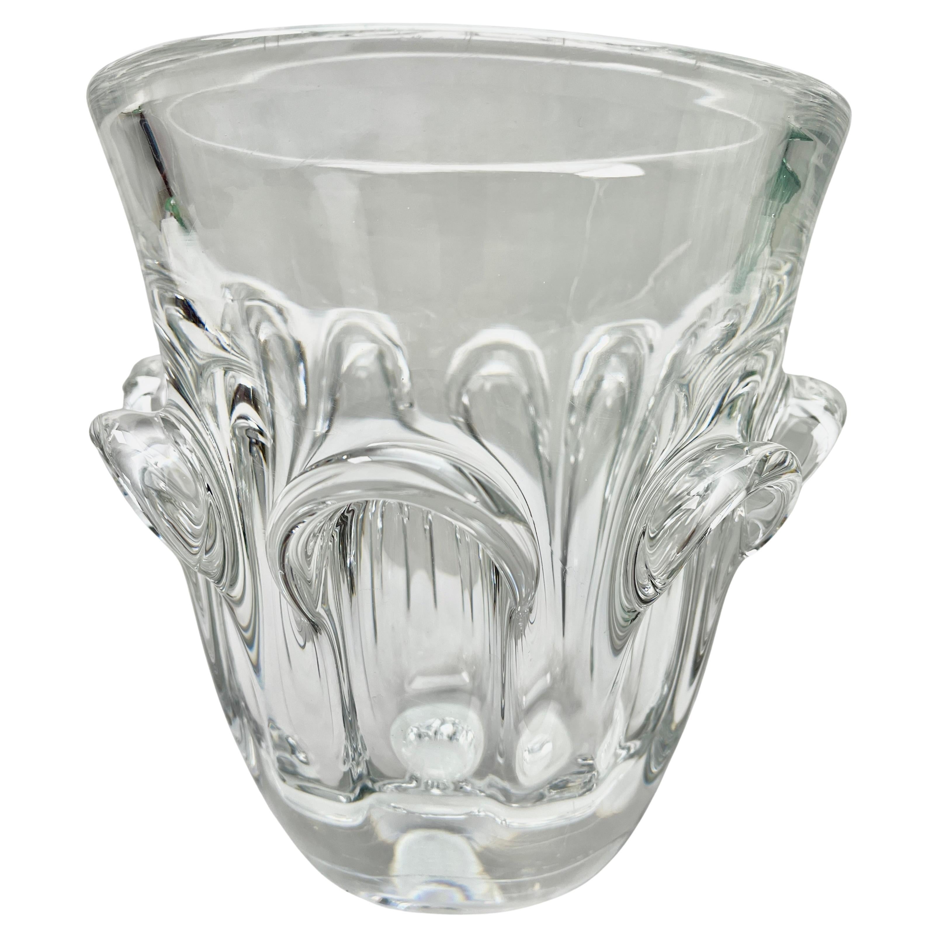 Val Saint Lambert Large Clear Crystal Champagne Wine Bucket Cooler
Large Heavy Val Saint Lambert Crystal Vase. 

Has been given a thick Sommerso clear layer and sculpted with subtle curves by the master craftsmen at Belgium's top factory.
A result