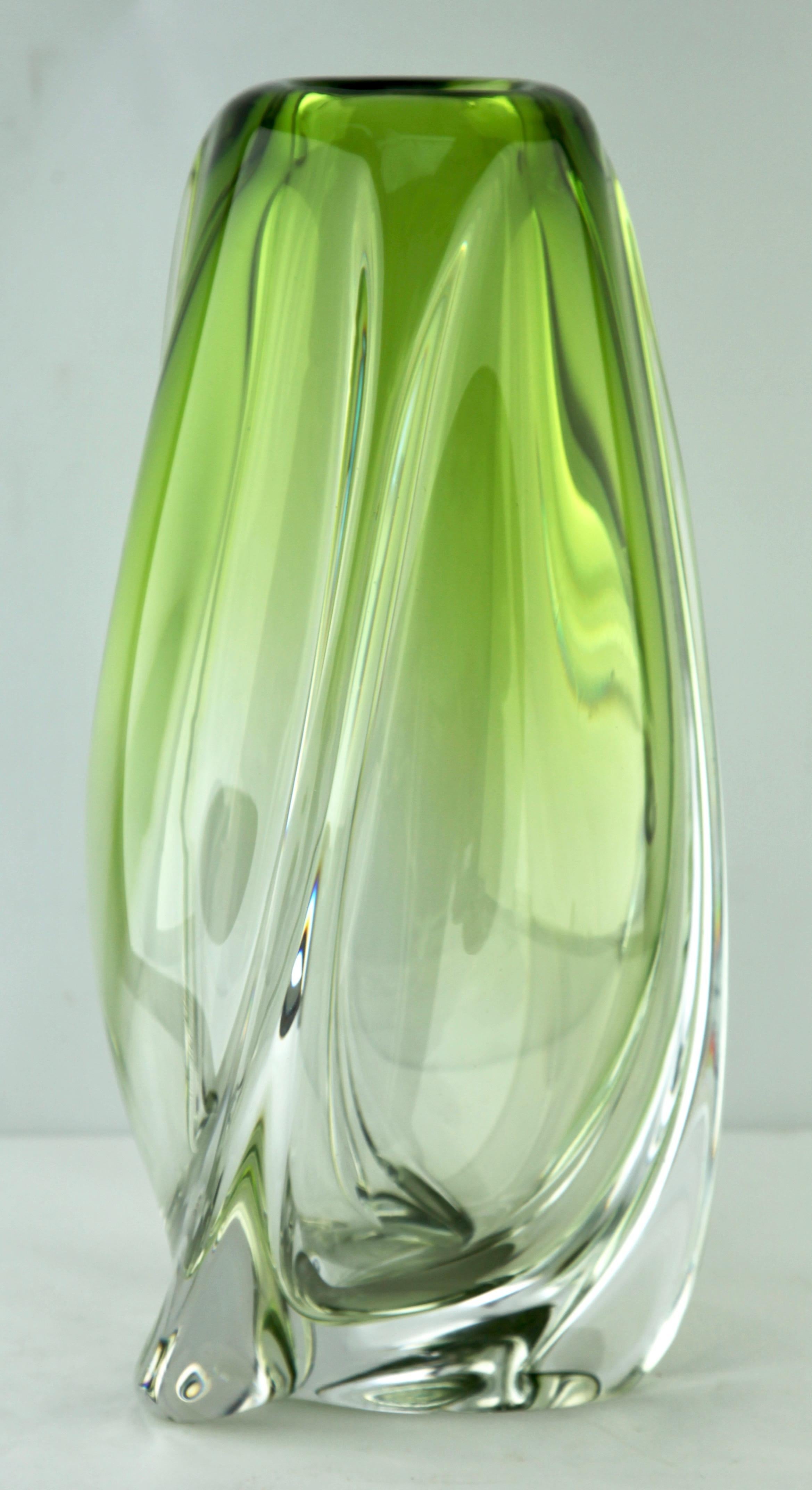 Mid-Century Modern Val Saint Lambert Large Signed Sculpted Crystal Vase with Sommerso Core, Belgium