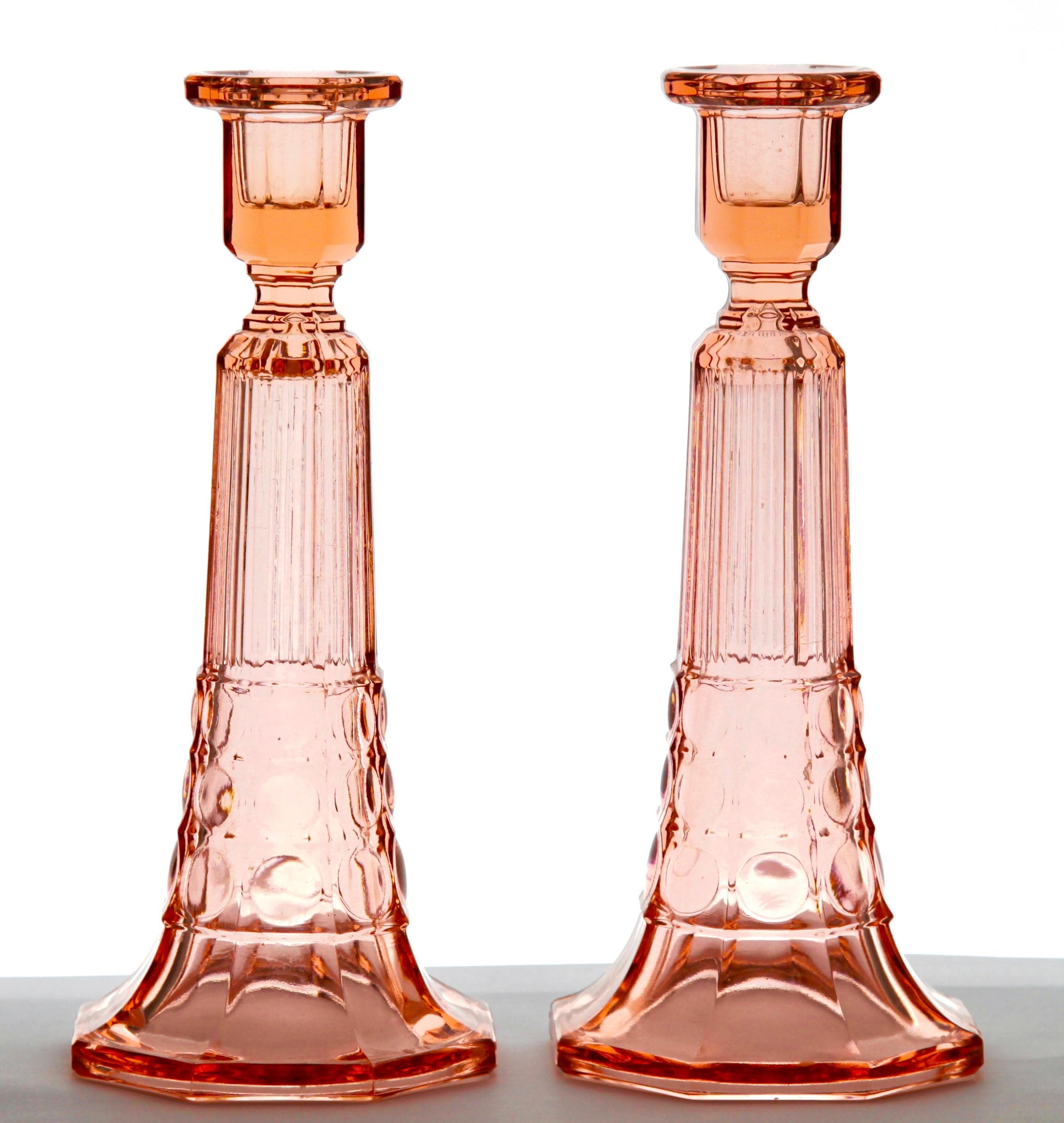 1935, Belgium
Pair of very nice Art Deco candlesticks made by Val Saint-Lambert.
From the Luxval range by Charles Graffart and René Delvenne.
Named after European monarchs, the smaller design is called 'Victoria' and the taller one 'Edward