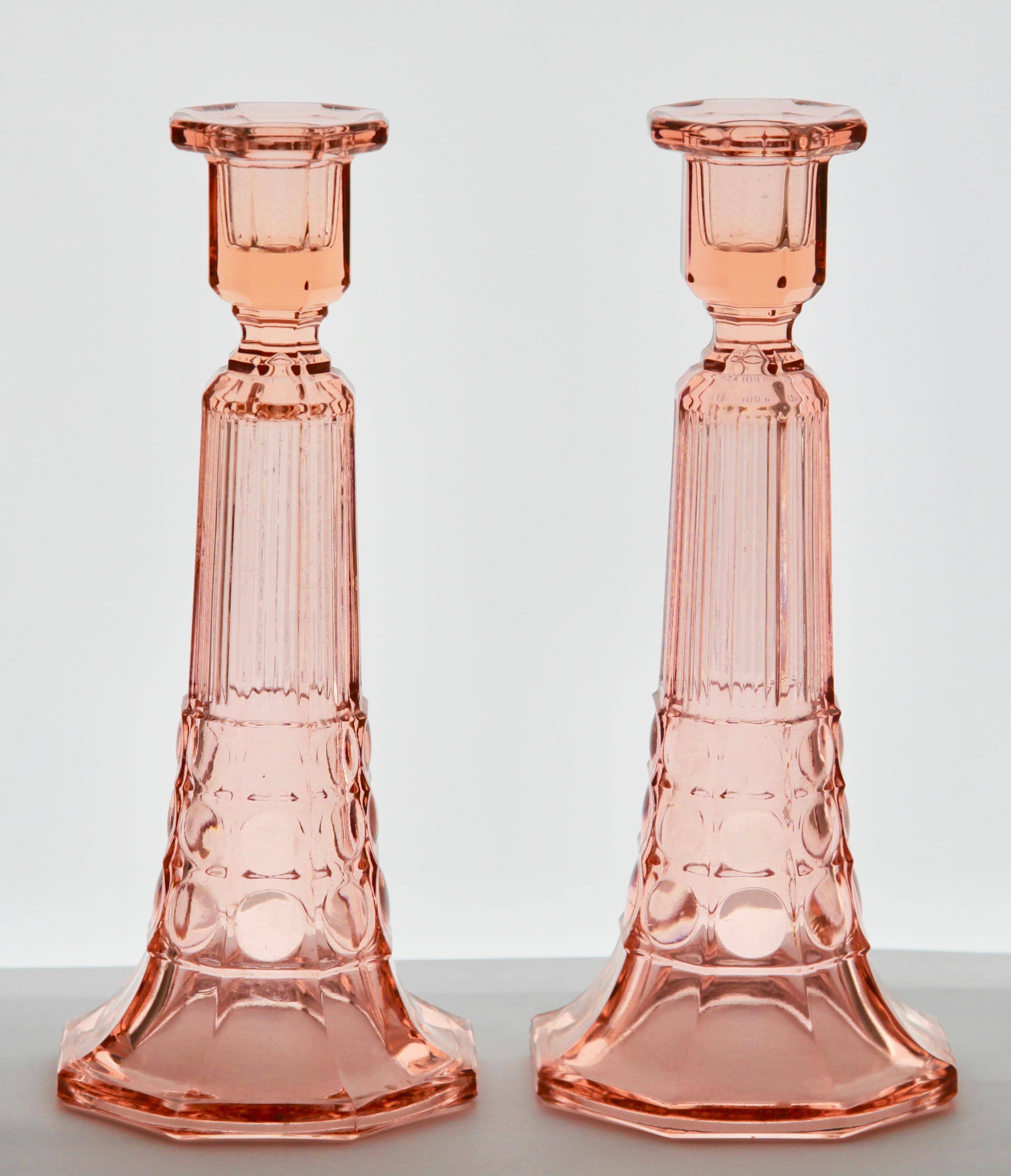 Molded Val Saint Lambert Luxval Pair of Art Deco Candlesticks by Charles Graffart For Sale