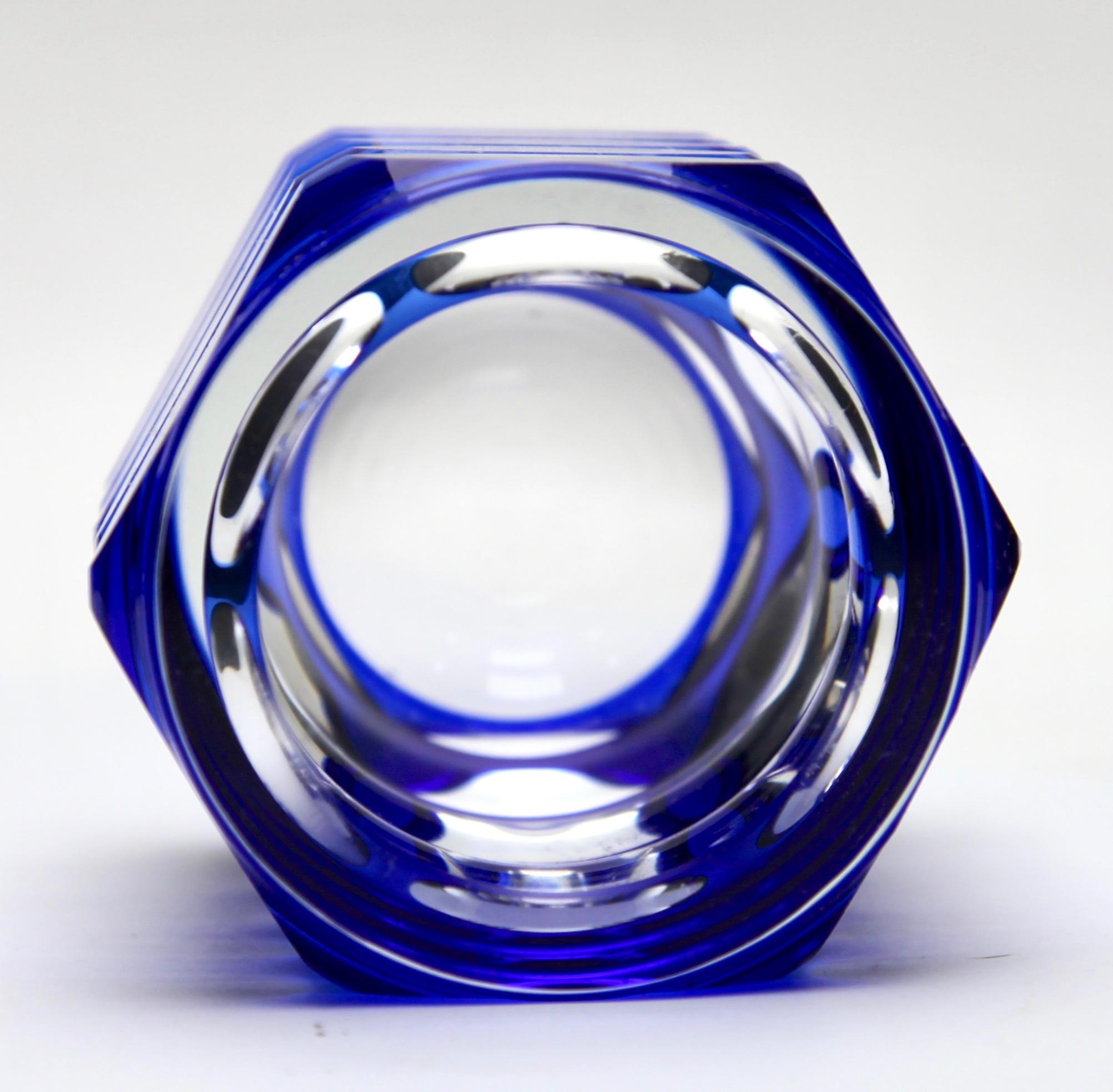 Faceted Val Saint Lambert Pair of Cobalt Blue Crystal Vases Cut-to-Clear, 1950s