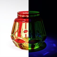 Val Saint Lambert 'Palacio' Ruby Over Uranium Yellow Cut Glass Vase