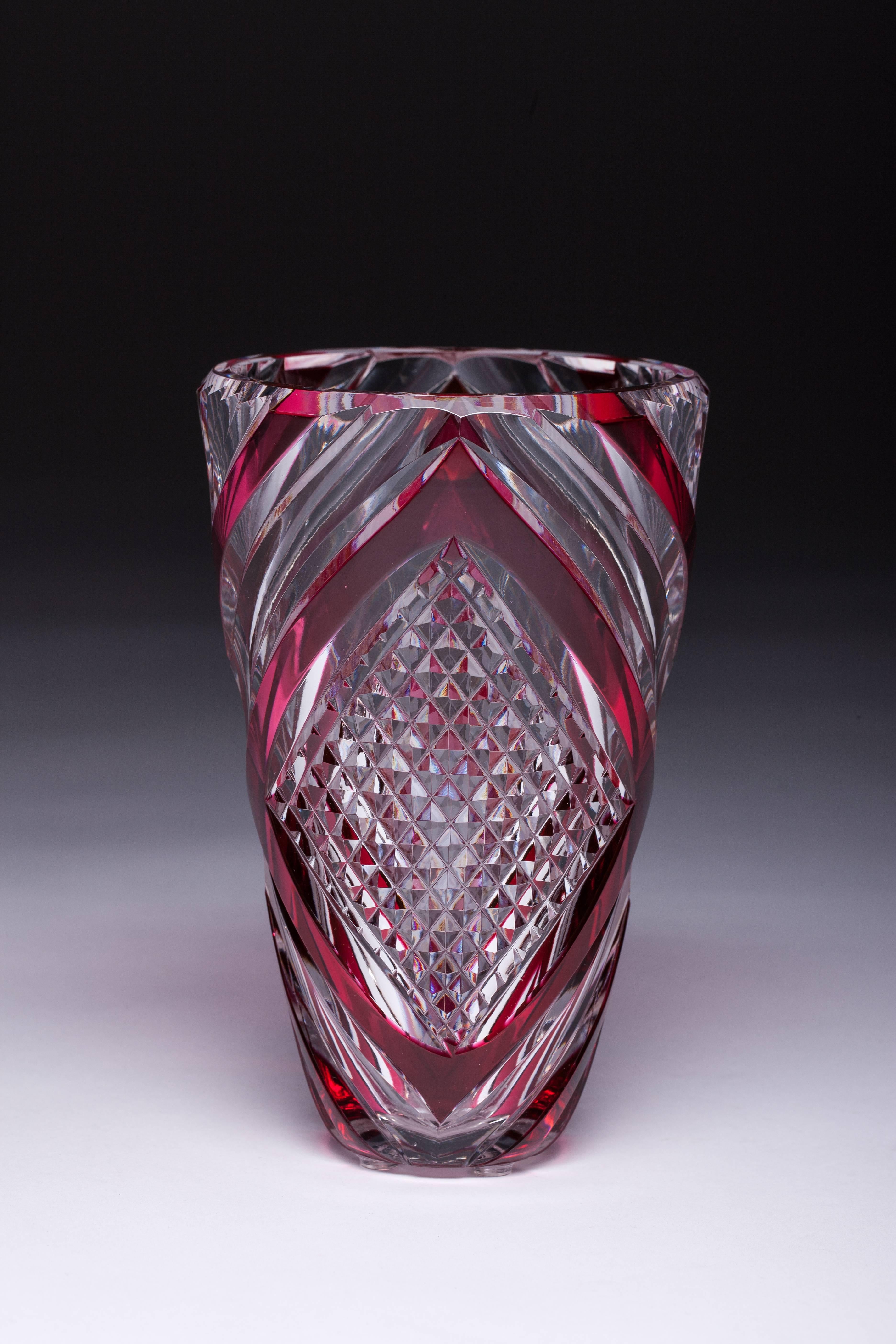 20th Century Val Saint Lambert Red Cut-Glass Danse De Flore Pericle Vase For Sale