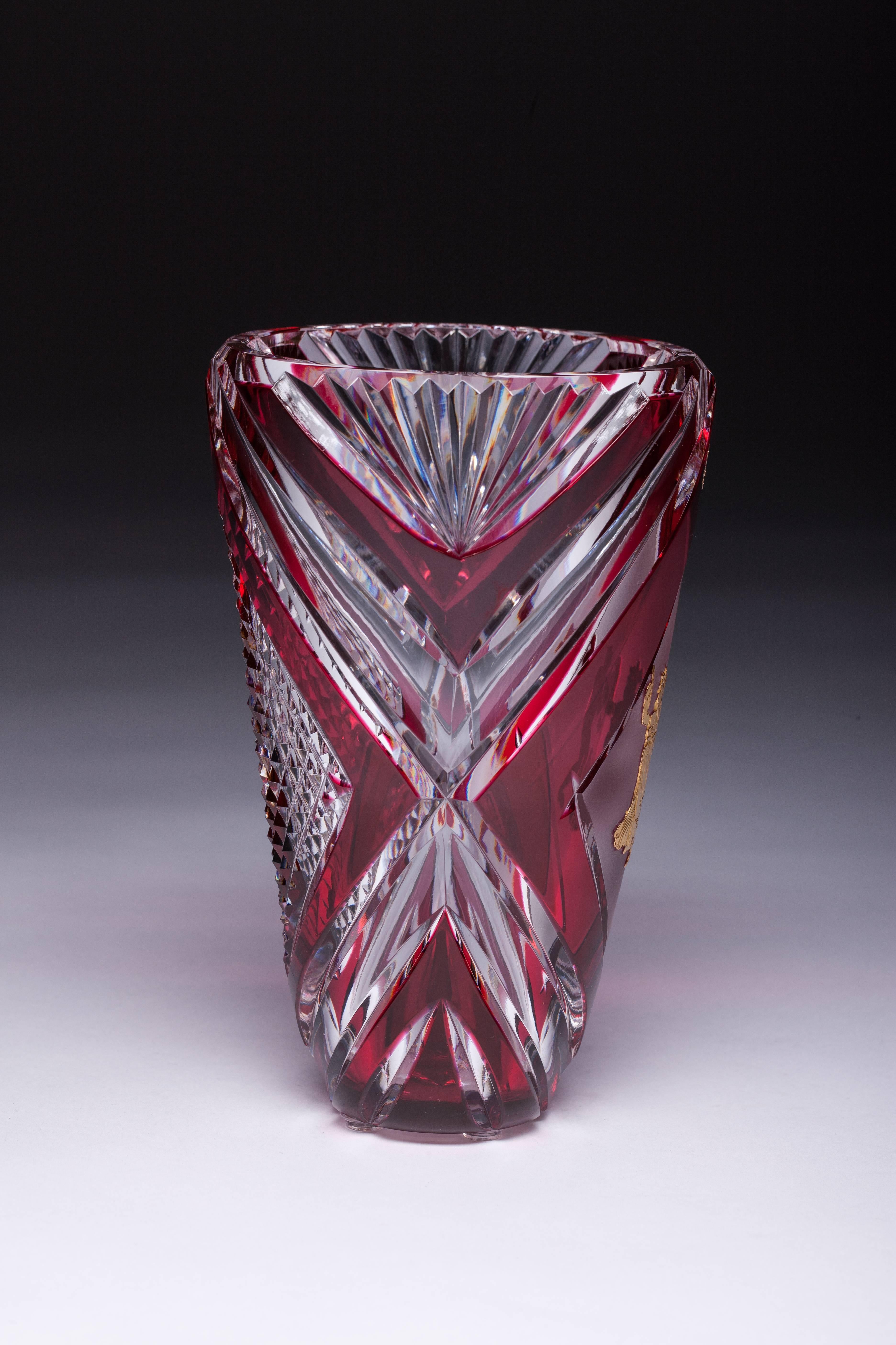 Crystal Val Saint Lambert Red Cut-Glass Danse De Flore Pericle Vase For Sale