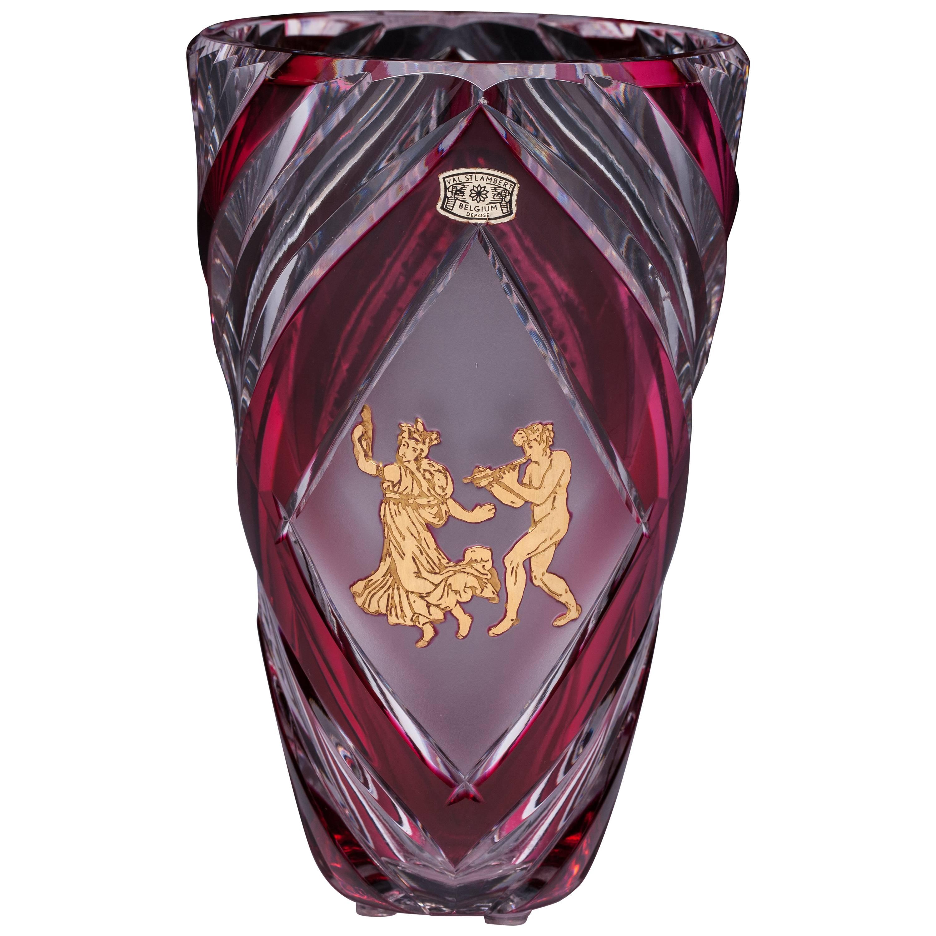 Val Saint Lambert Red Cut-Glass Danse De Flore Pericle Vase For Sale