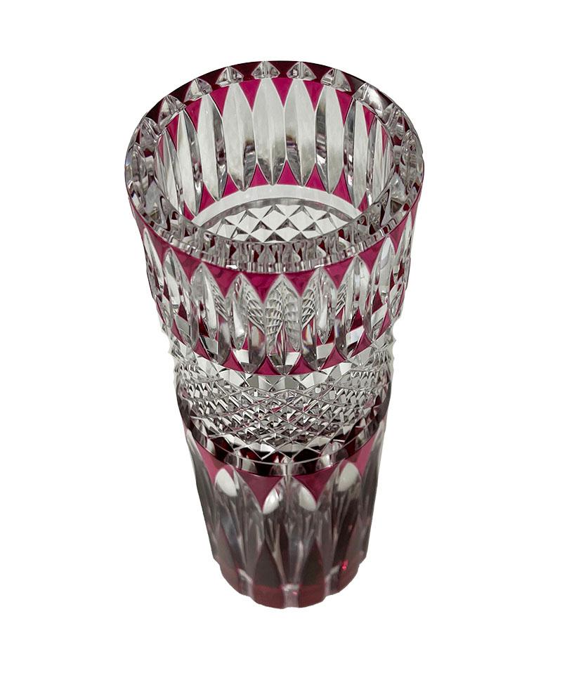 Belgian Val Saint Lambert red/pink cut-to clear small Crystal vase, Signed For Sale