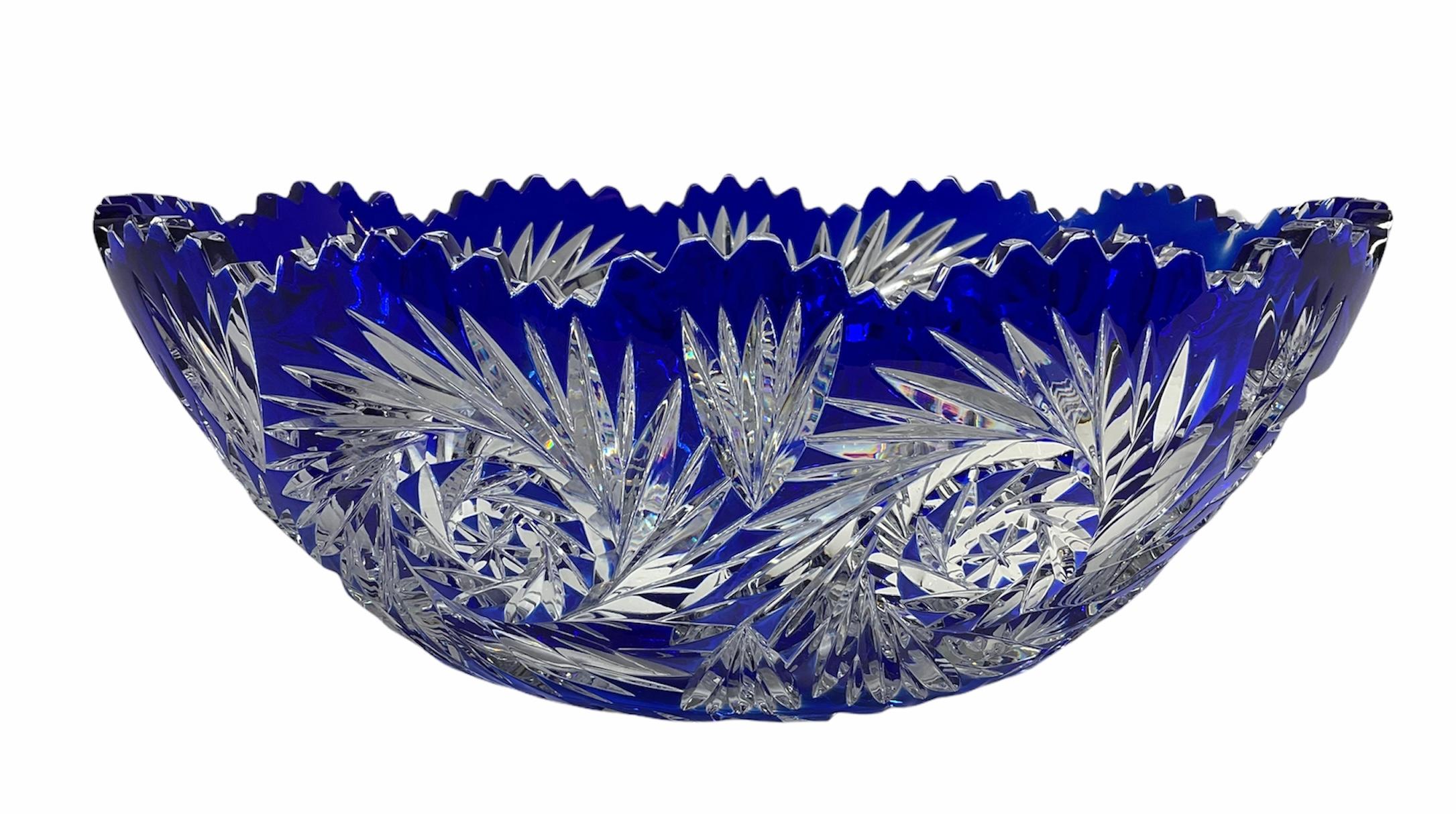 Hand-Crafted Val Saint Lambert Royal Blue Cut Clear Crystal Large Oval Bowl