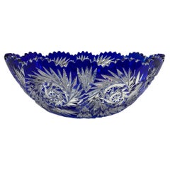 Val Saint Lambert Royal Blue Cut Clear Crystal Large Oval Bowl