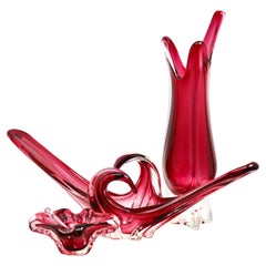 Val Saint Lambert Sculpted Crystal Cranberry Set with Sommerso Core, Belgium