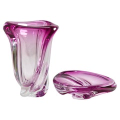 Val Saint Lambert Sculpted Crystal Cranberry Set with Sommerso Core, Belgium