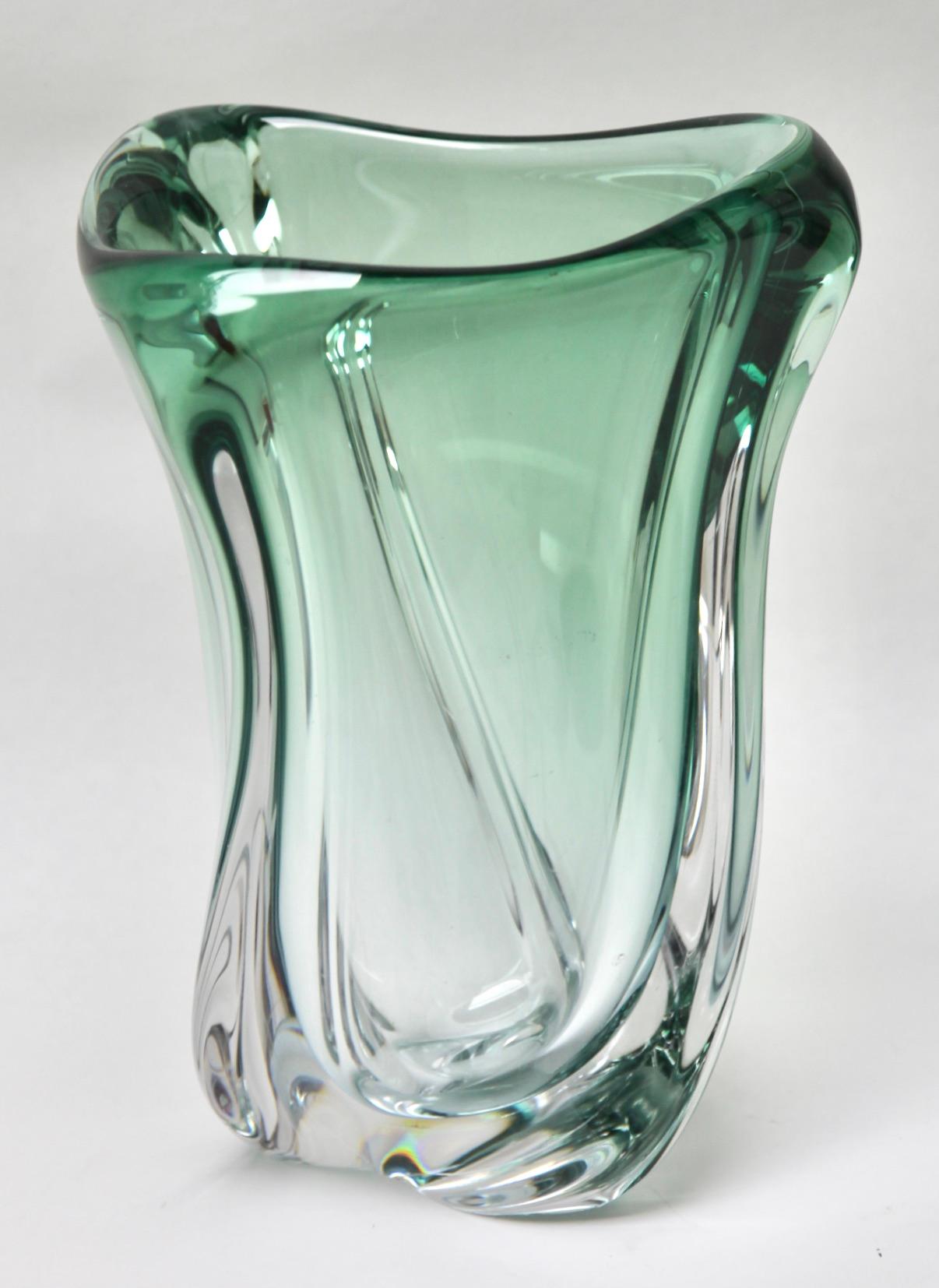 Mid-Century Modern Val Saint Lambert Sculpted Crystal Vase Green with Sommerso Core, Belgium