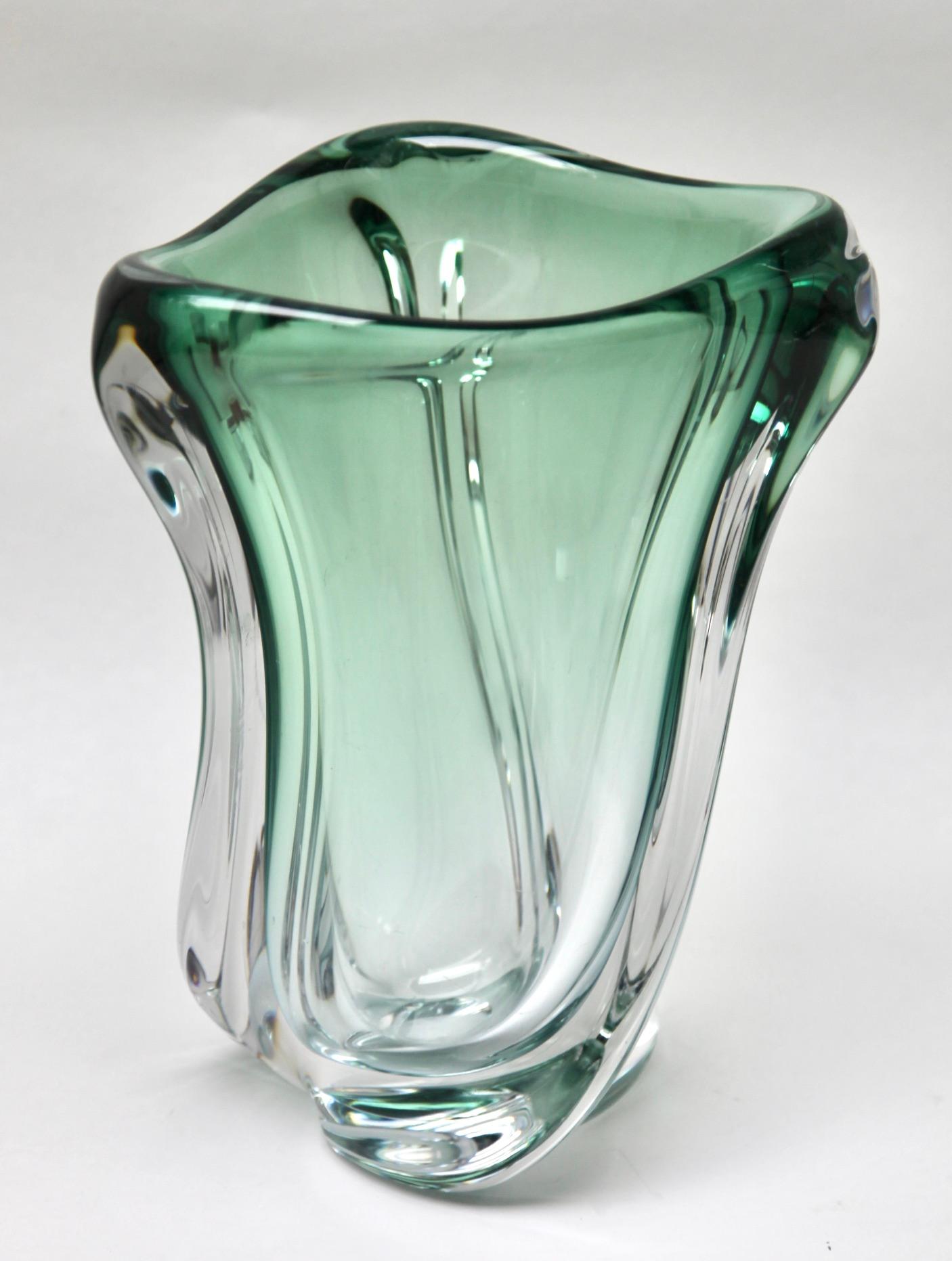 Belgian Val Saint Lambert Sculpted Crystal Vase Green with Sommerso Core, Belgium