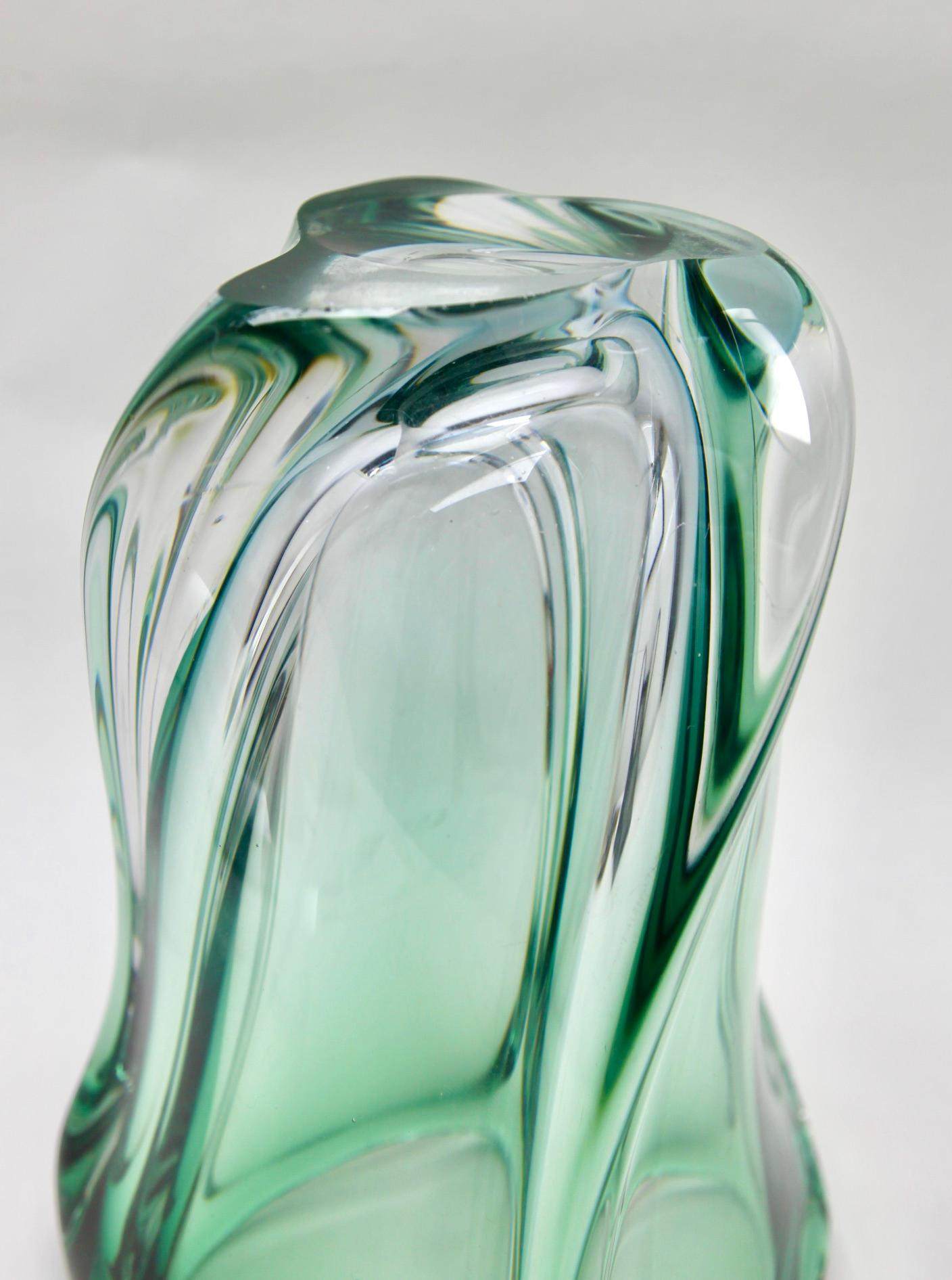 Hand-Crafted Val Saint Lambert Sculpted Crystal Vase Green with Sommerso Core, Belgium