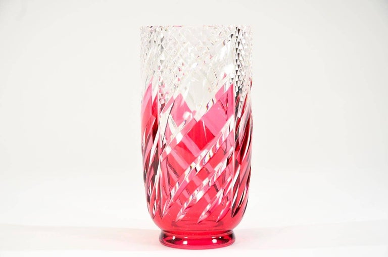 Belgian Val Saint Lambert Signed Art Deco Crystal Vase Cranberry Overlay Cut to Clear For Sale