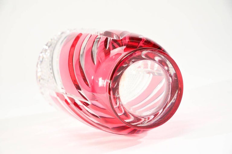Val Saint Lambert Signed Art Deco Crystal Vase Cranberry Overlay Cut to Clear In Excellent Condition For Sale In Great Barrington, MA