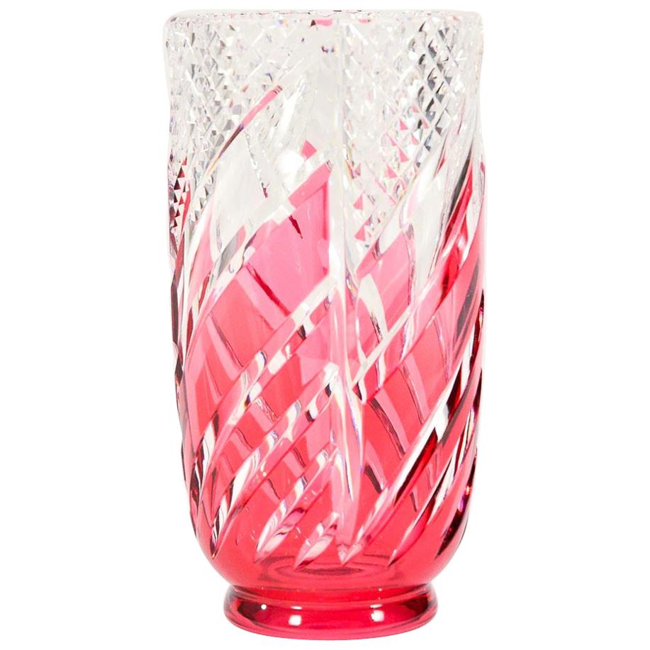 Val Saint Lambert Signed Art Deco Crystal Vase Cranberry Overlay Cut to Clear