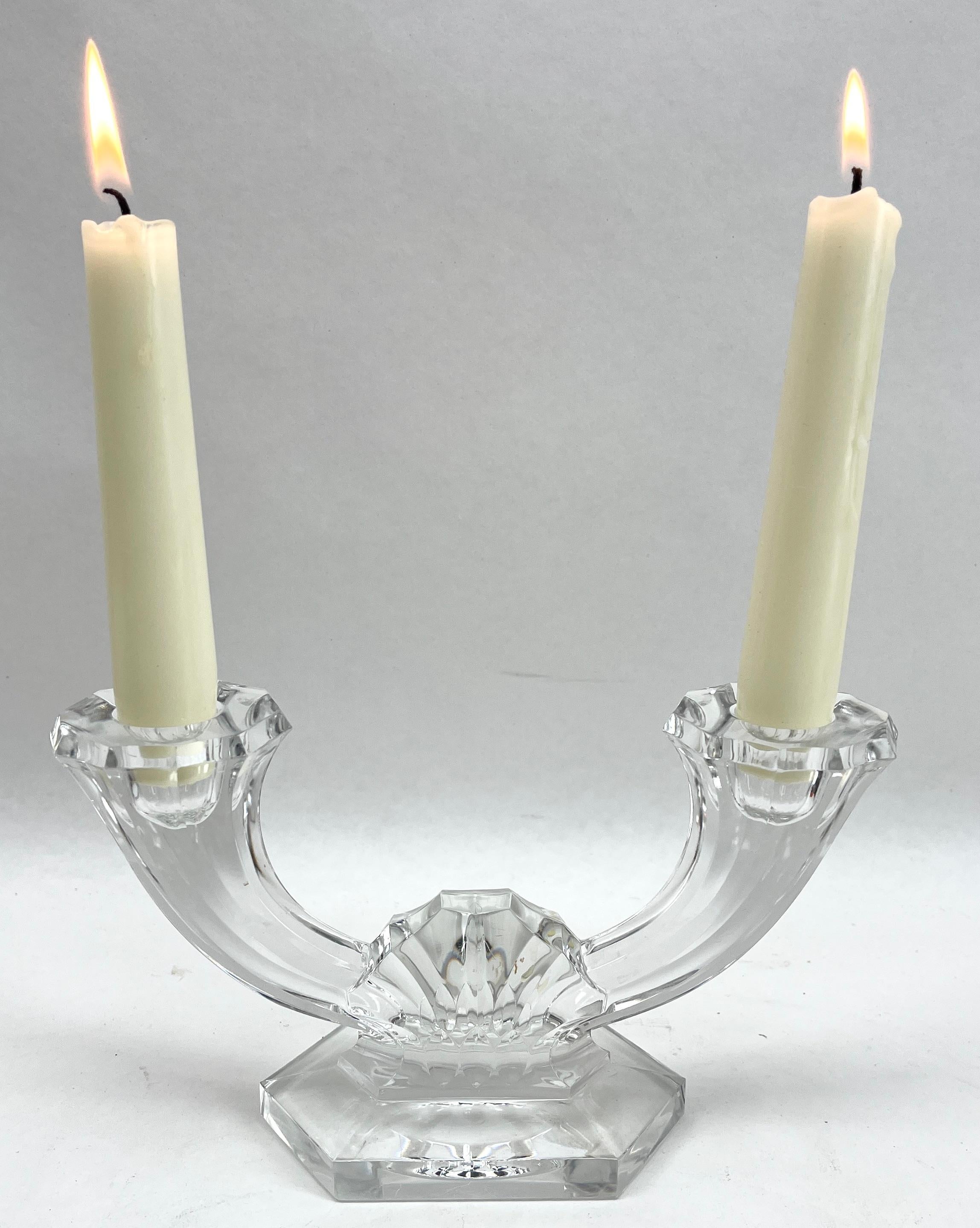 Art Deco Val Saint Lambert Signed, Crystal 3 Candlesticks, 1930s, Belgium For Sale