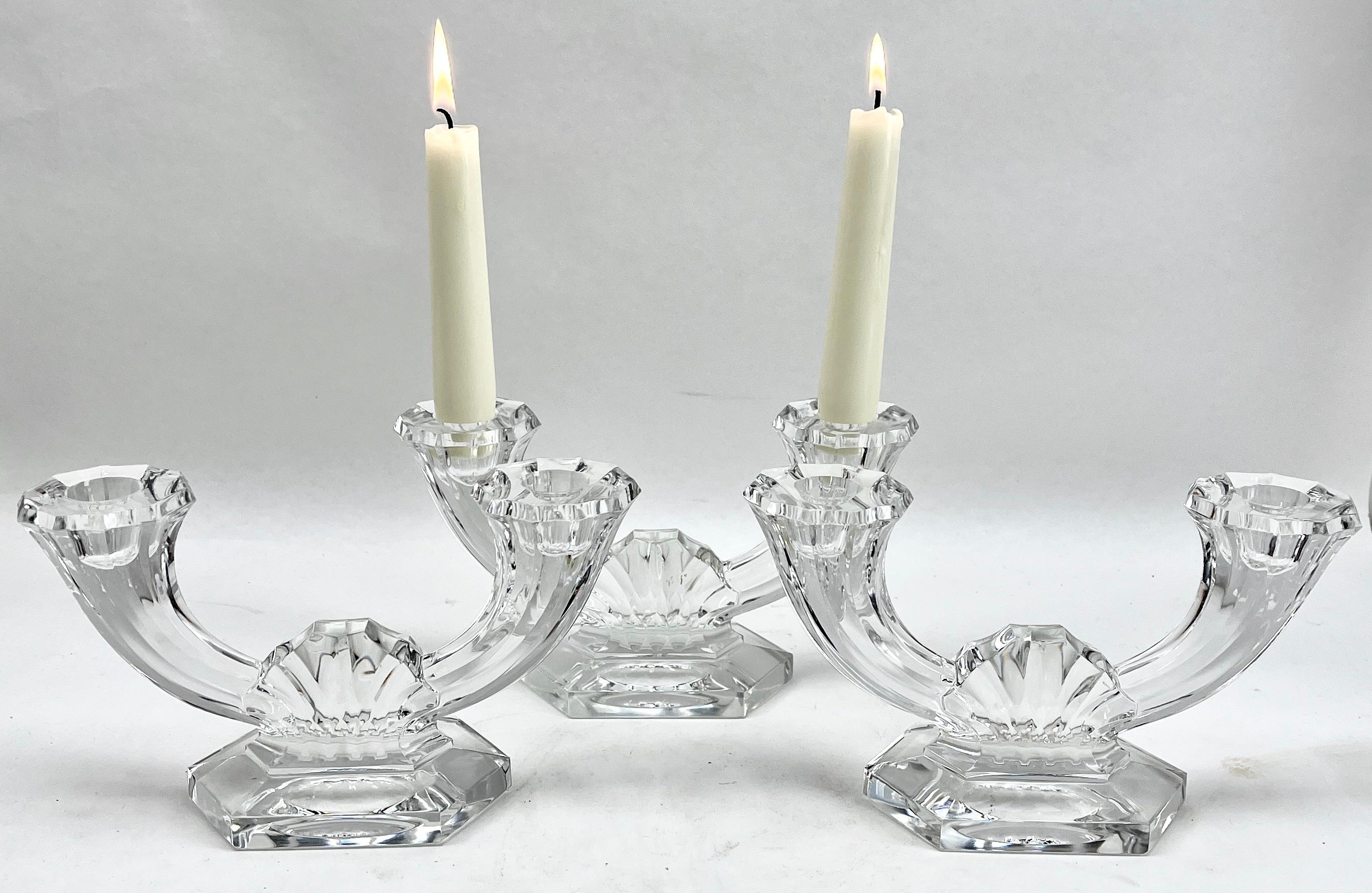 Belgian Val Saint Lambert Signed, Crystal 3 Candlesticks, 1930s, Belgium For Sale