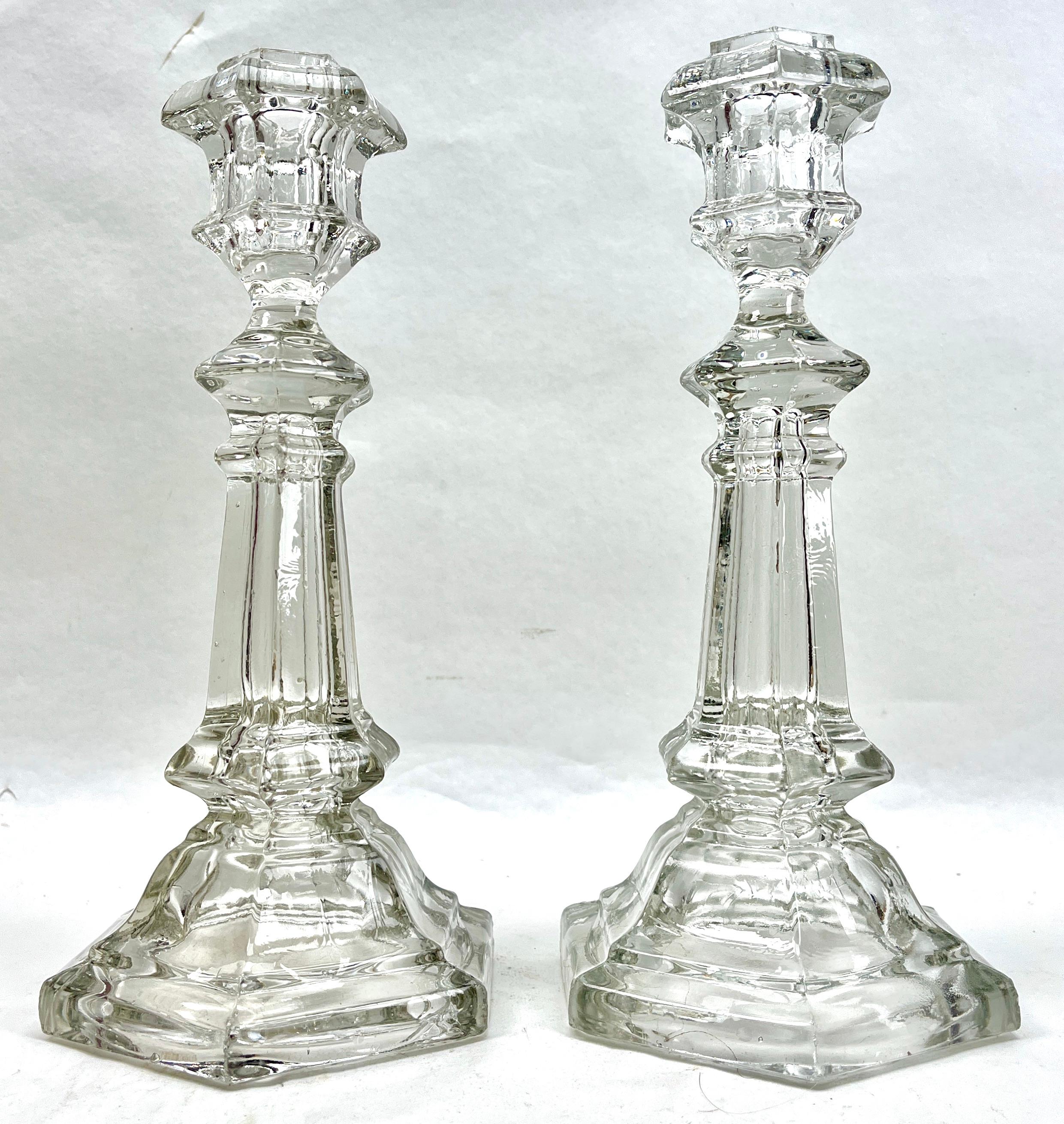 Molded Val Saint Lambert, Signed Crystal Pair Candlesticks, 1900s, Belgium For Sale