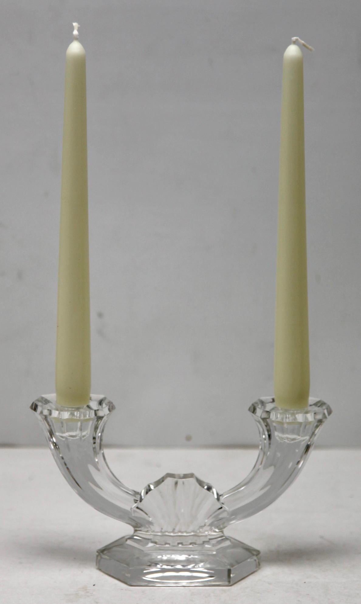Art Deco Val Saint Lambert, Signed Crystal Pair Candlesticks, 1930s, Belgium