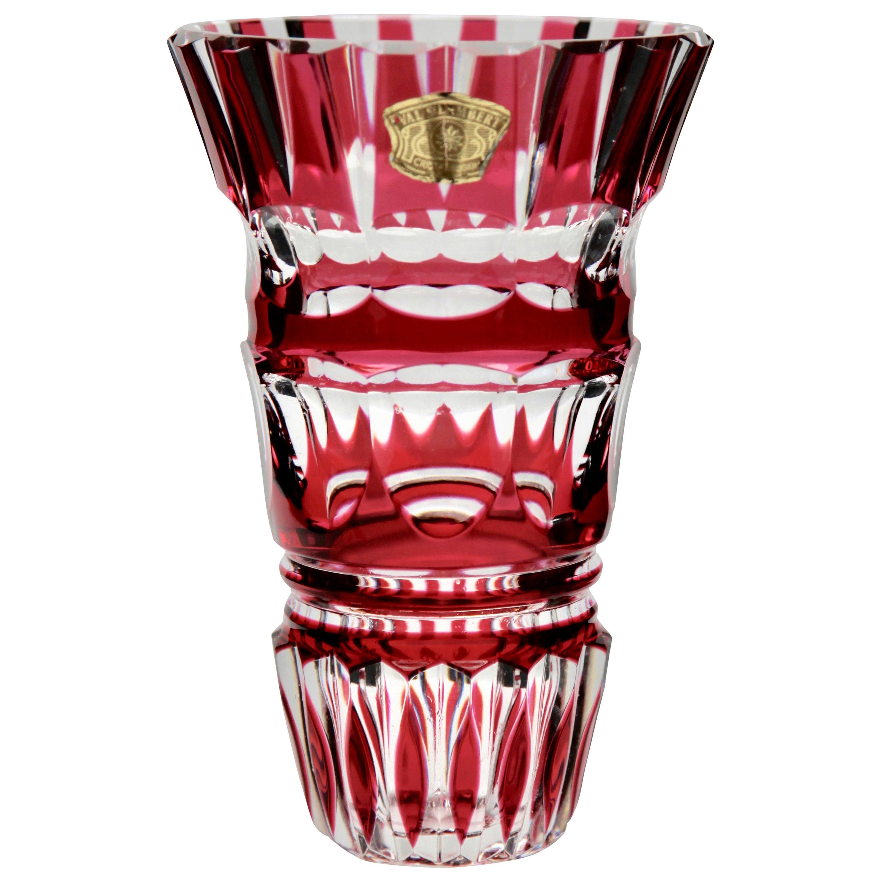 Val Saint Lambert Signed Crystal Vase Cranberry Cut-to-Clear