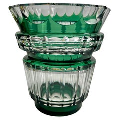 Val Saint Lambert, signierte Vase aus grünem Kristall, geschliffen und klar, Belgien, 1950er Jahre
