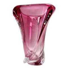 Val Saint Lambert, Signed Sculpted Crystal Vase with Amethyst Core, Belgium