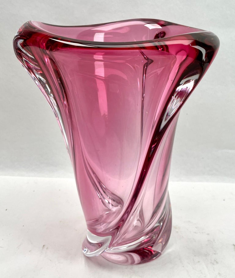 Val Saint Lambert, Signed Sculpted Crystal Vase with Amethyst Core