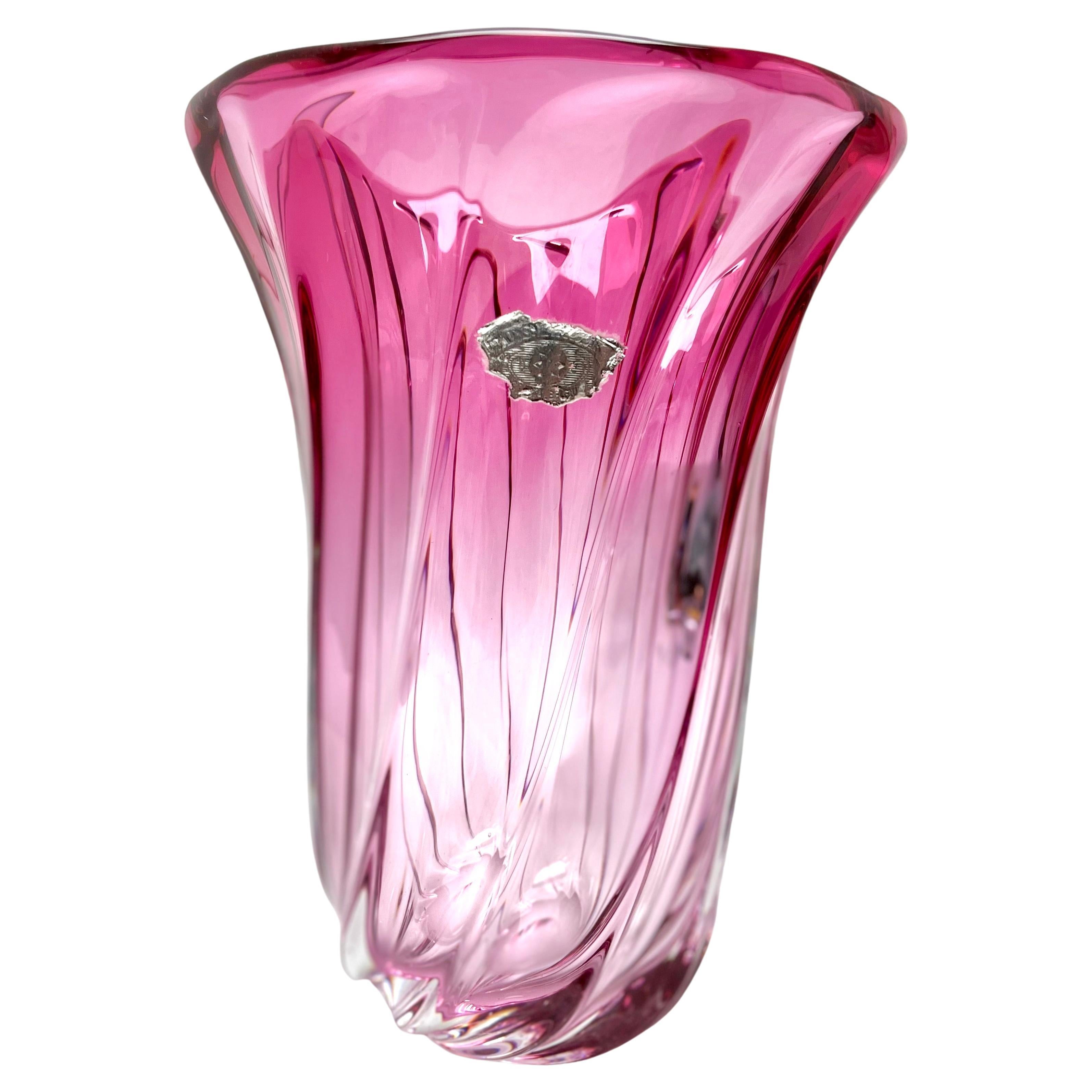 Val Saint Lambert, Signed Sculpted Crystal Vase with Amethyst Core, Belgium  For Sale at 1stDibs
