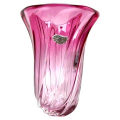 Val Saint Lambert, Signed Sculpted Crystal Vase with Amethyst Core, Belgium