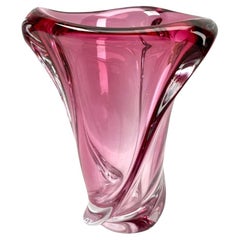 Val Saint Lambert, Signed Sculpted Crystal Vase with Amethyst Core, Belgium