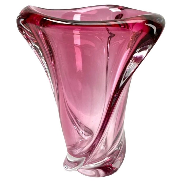 Val Saint Lambert, Signed Sculpted Crystal Vase with Amethyst Core 