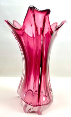 Val Saint Lambert Signed Sculpted Crystal Vase with Sommerso Core, Belgium